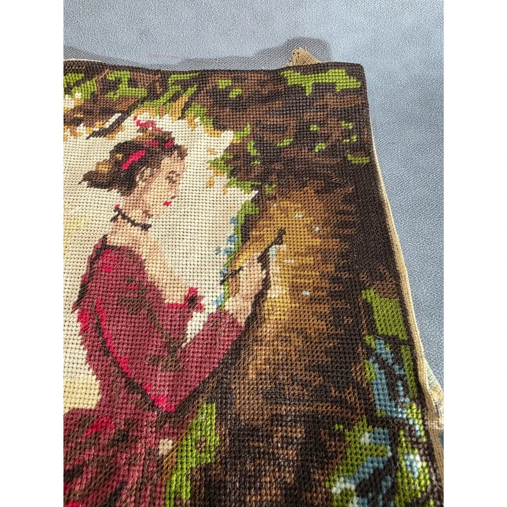 Vintage Greek Needlepoint Tapestry Victorian Woman Red Dress Textile Art 48x33